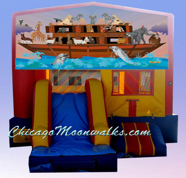 Noahs Ark Moonwalk Rental. Jumping Jack Character Party Rental, Chicago. Inflatable Moonbounce. This Combo Moonjump Has Safety Ramp & Slide.  Reserve in advance for any event in Chicago Illinois & Surrounding Suburbs. 